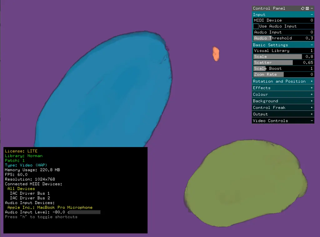 Video Painter screenshot: hand-painted video shapes on a purple canvas, with the control panel and performance stats overlay open