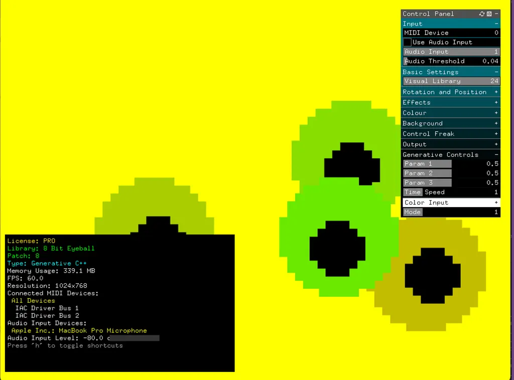 Video Painter screenshot: generative eyeball visuals triggered live on a yellow background, PRO edition control panel open
