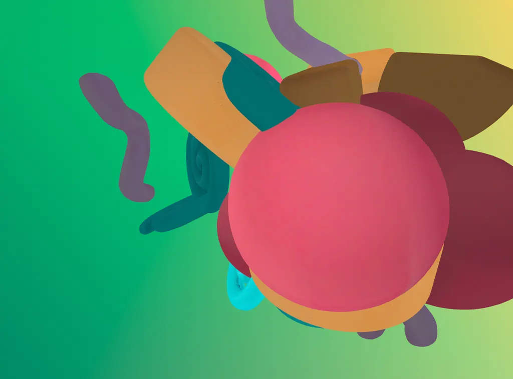 Video Painter screenshot: colourful 3D objects and brush strokes rendered over a green gradient background